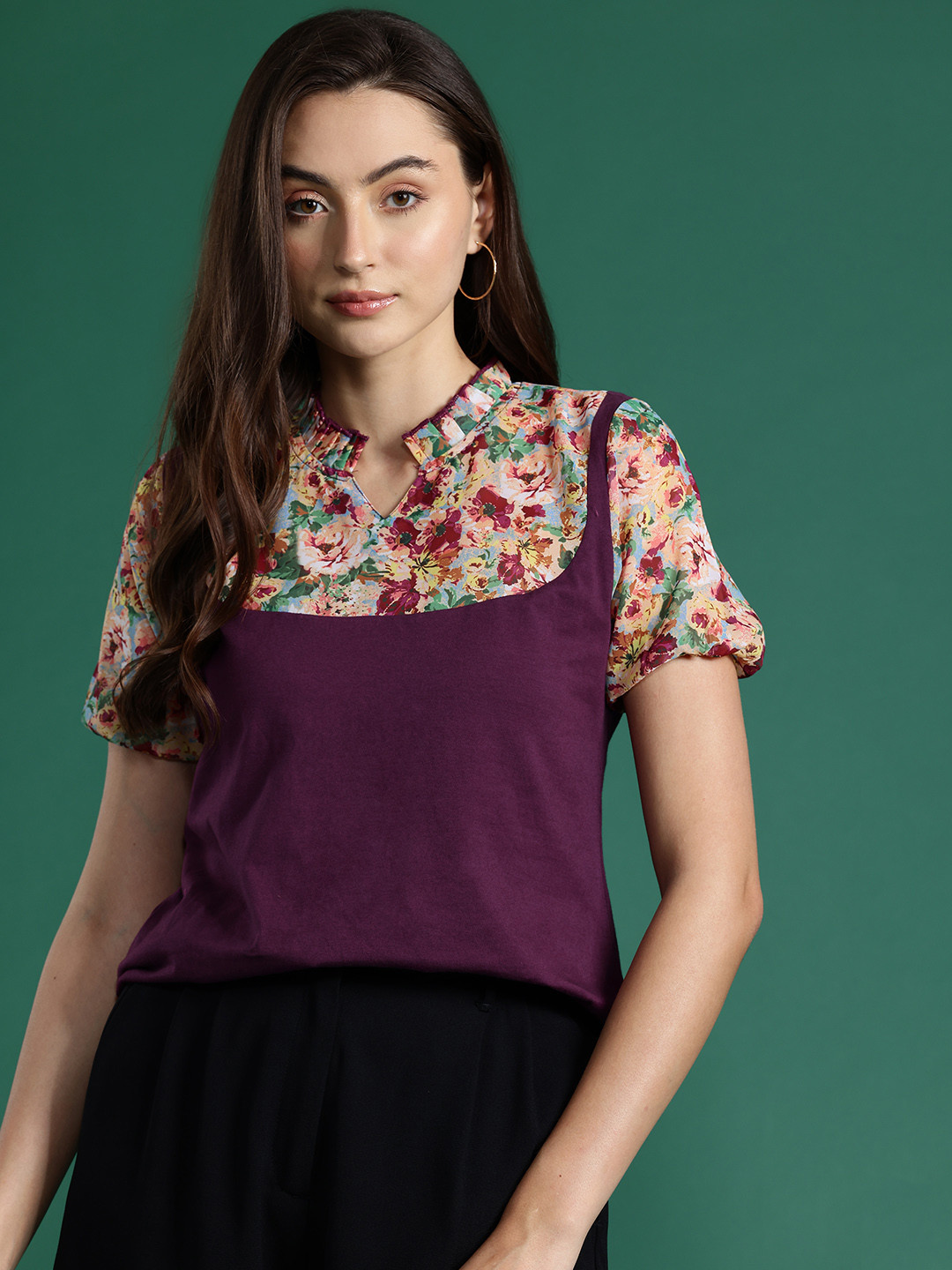 

DressBerry Floral Print Mandarin Collar Cotton Top, Burgundy