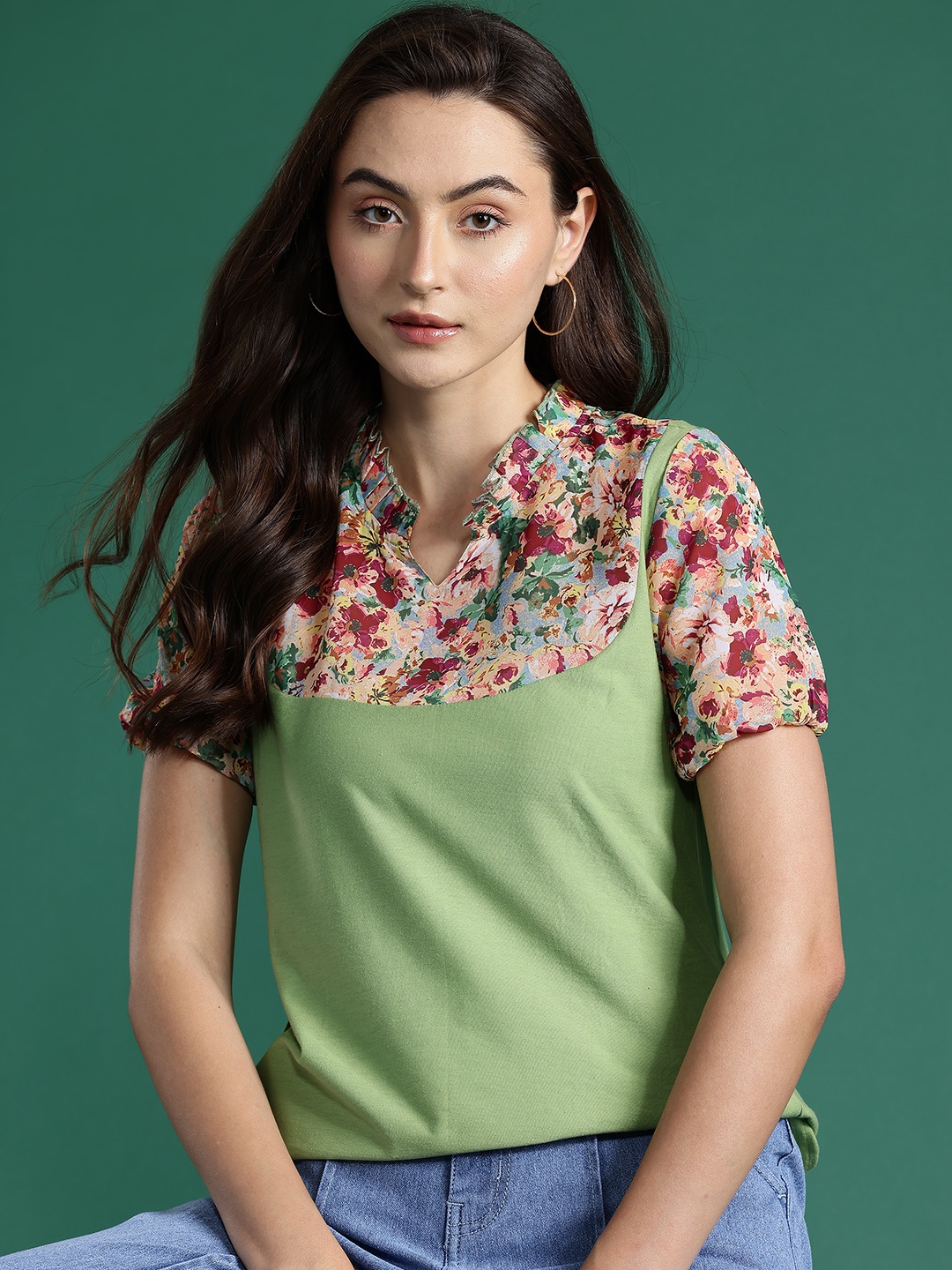 

DressBerry Floral Print Mandarin Collar Cotton Top, Green