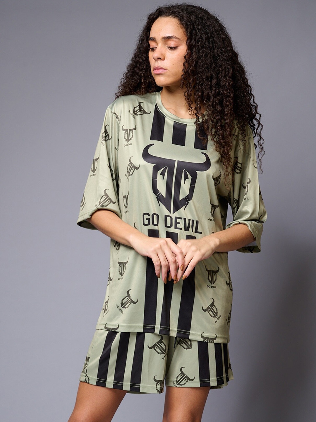 

GO DEVIL Printed Pure Cotton T-Shirt With Shorts, Green