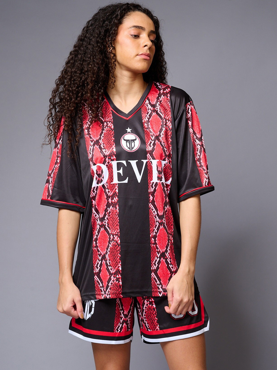 

GO DEVIL Printed Pure Cotton V Neck T-Shirt & Flared Shorts, Black