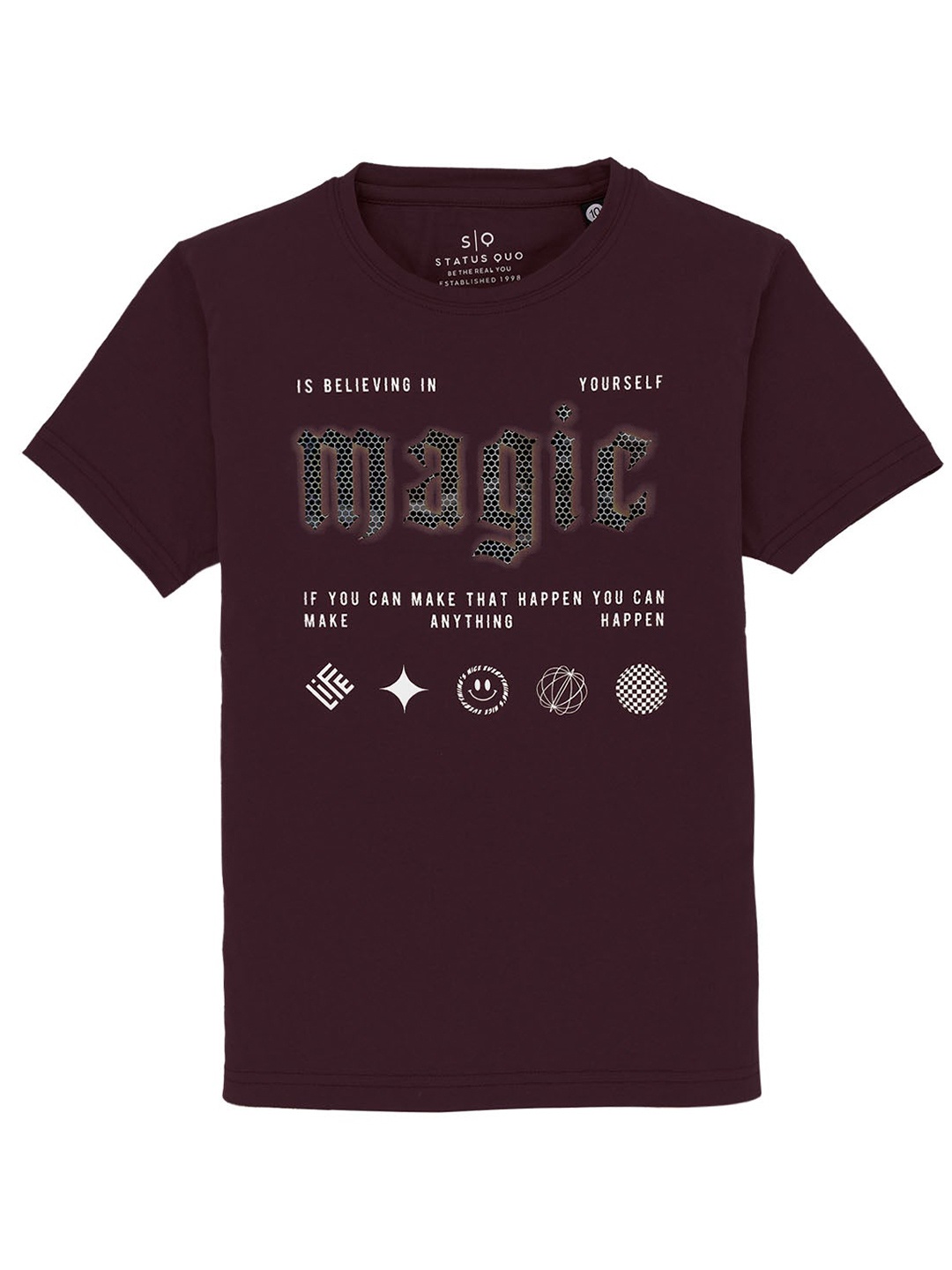 

Status Quo Boys Typography Printed Round Neck Short Sleeves Cotton T-shirt, Maroon