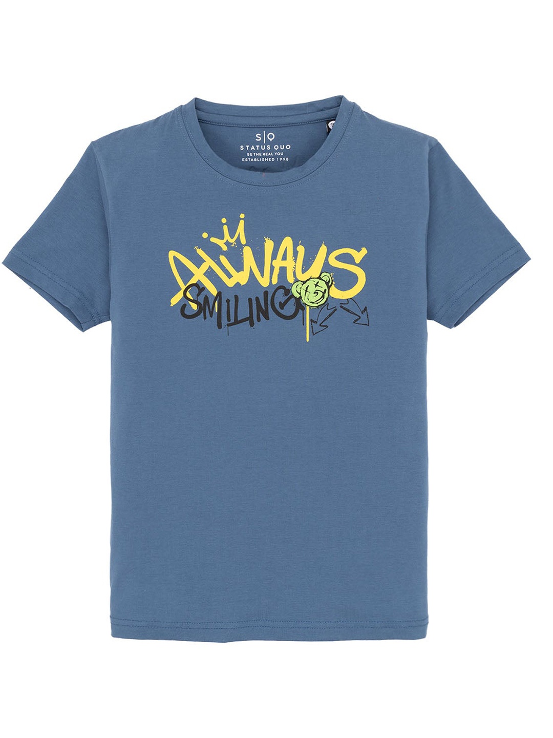 Status Quo Boys Typography Printed Round Neck Short Sleeves Cotton T-shirt, Blue