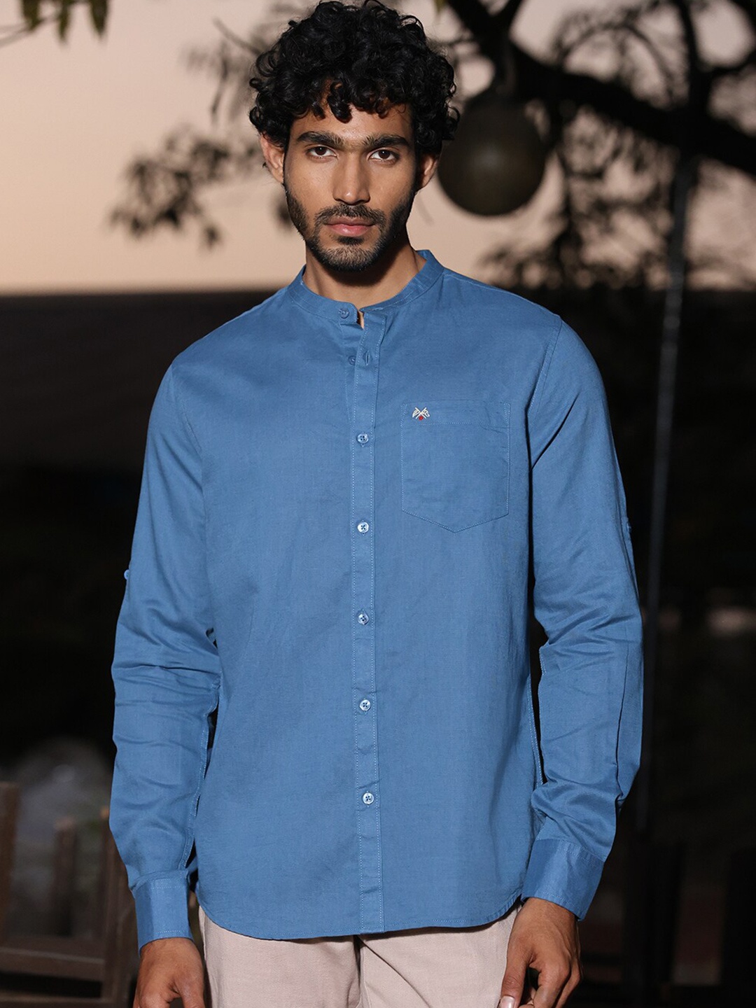 

Thomas Scott Mandarin Collar Premium Cotton Linen Slim Fit Opaque Casual Shirt, Teal
