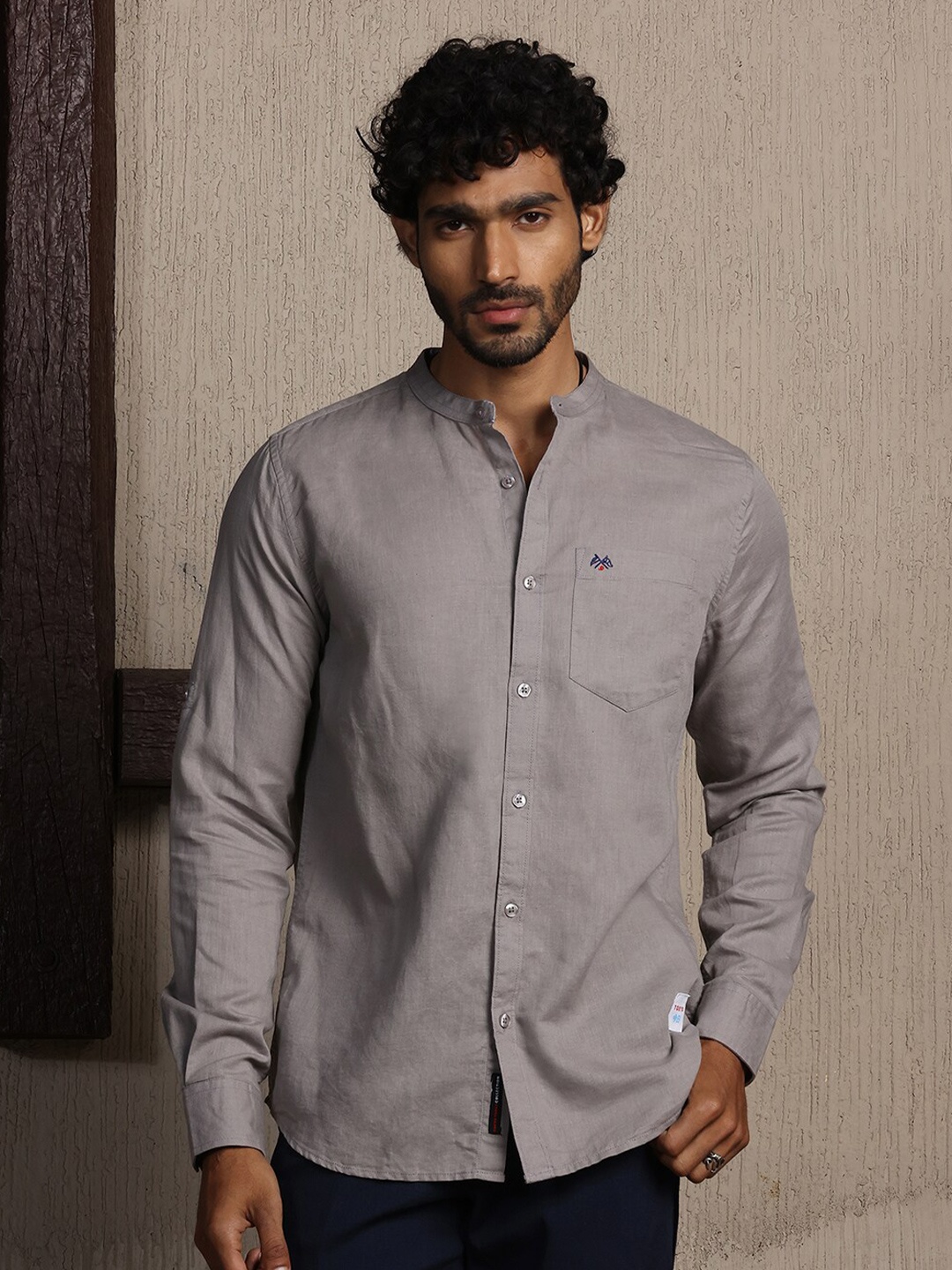 

Thomas Scott Mandarin Collar Premium Cotton Linen Slim Fit Opaque Casual Shirt, Grey