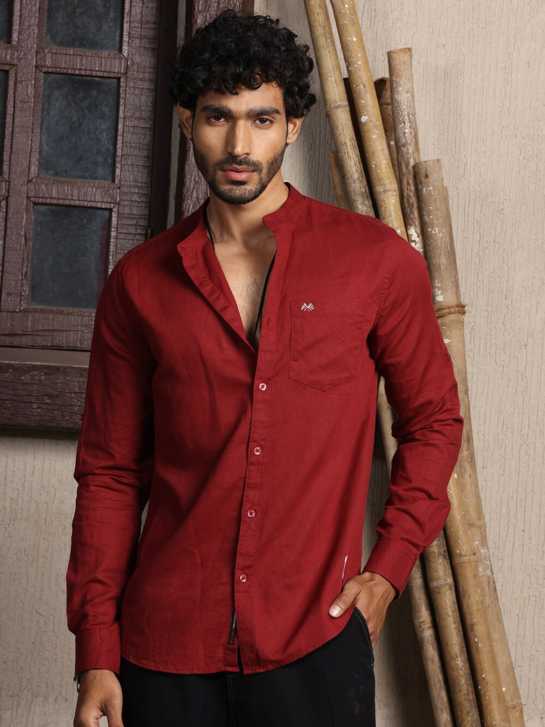 

Thomas Scott Mandarin Collar Long Sleeves Premium Cotton Linen Slim Fit Casual Shirt, Maroon