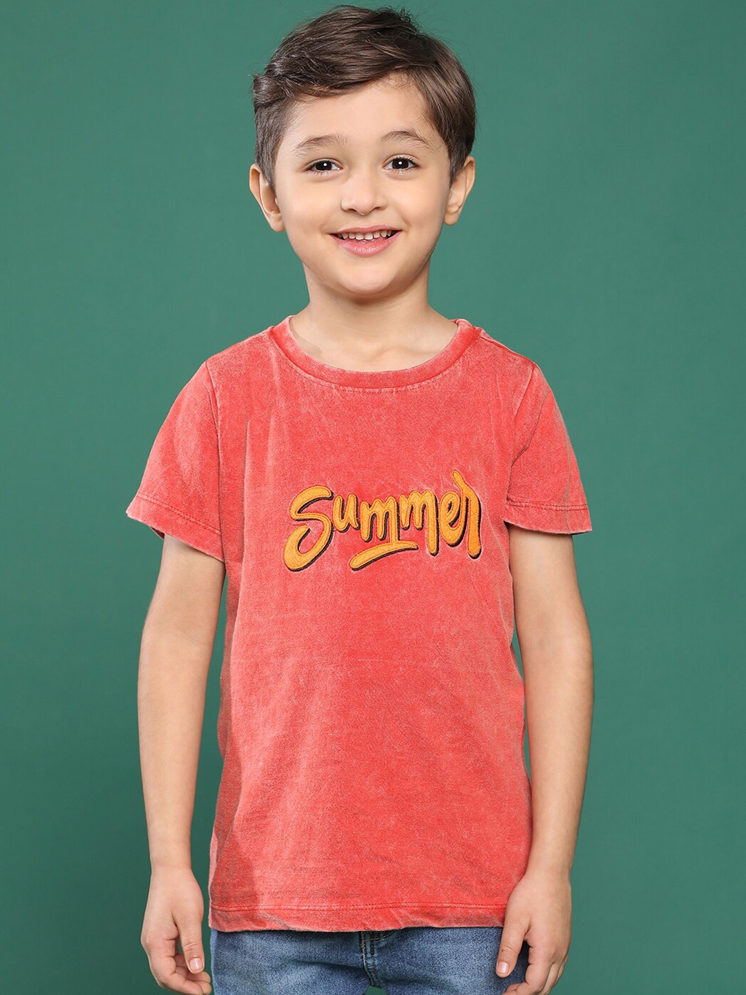 TALES & STORIES Boys Typography Printed Round Neck Cotton T-shirt, Rust