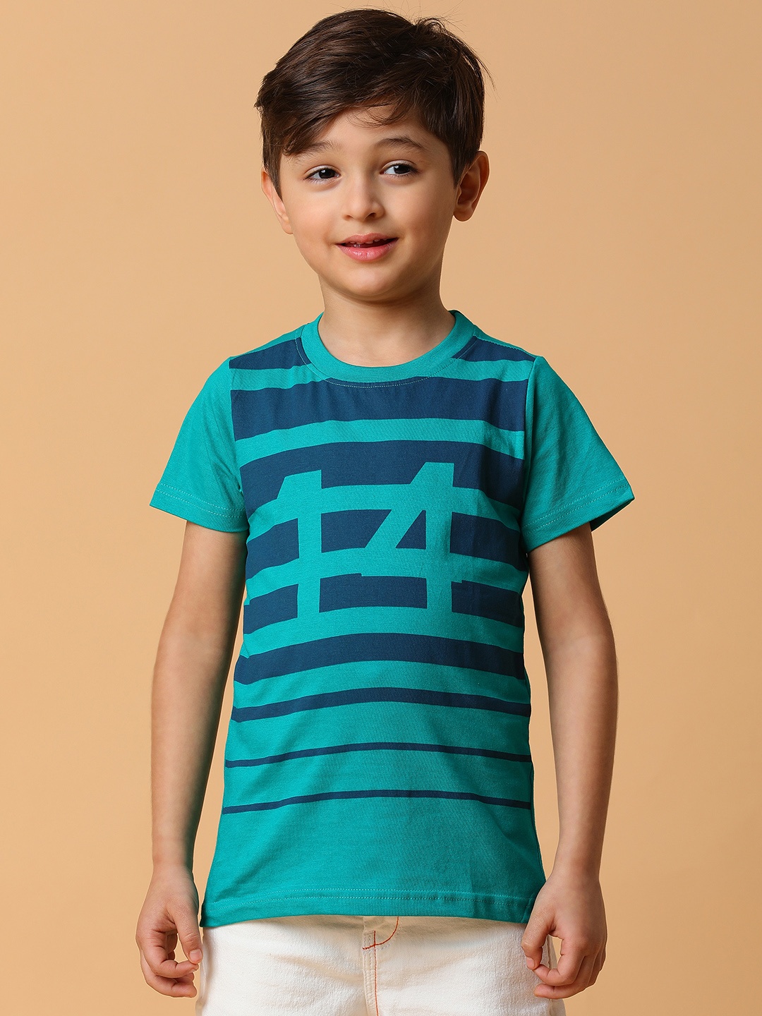 

TALES & STORIES Boys Striped Printed Pure Cotton Regular Fit T-shirt, Teal
