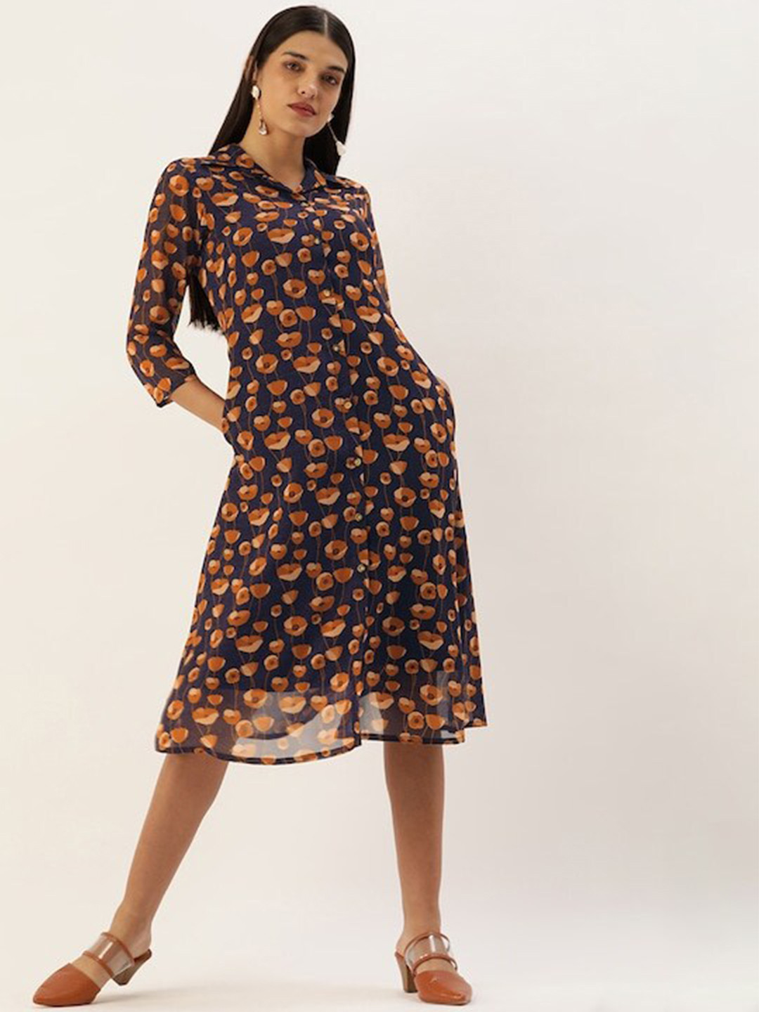 

shiloh Shirt Collar Floral Print Georgette A-Line Dress, Blue