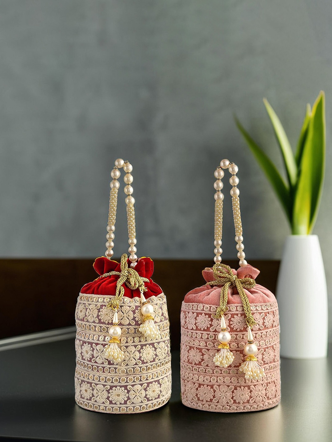 

Kuber Industries Set Of 2 Embellished Beaded Handle Velvet Potlis, White
