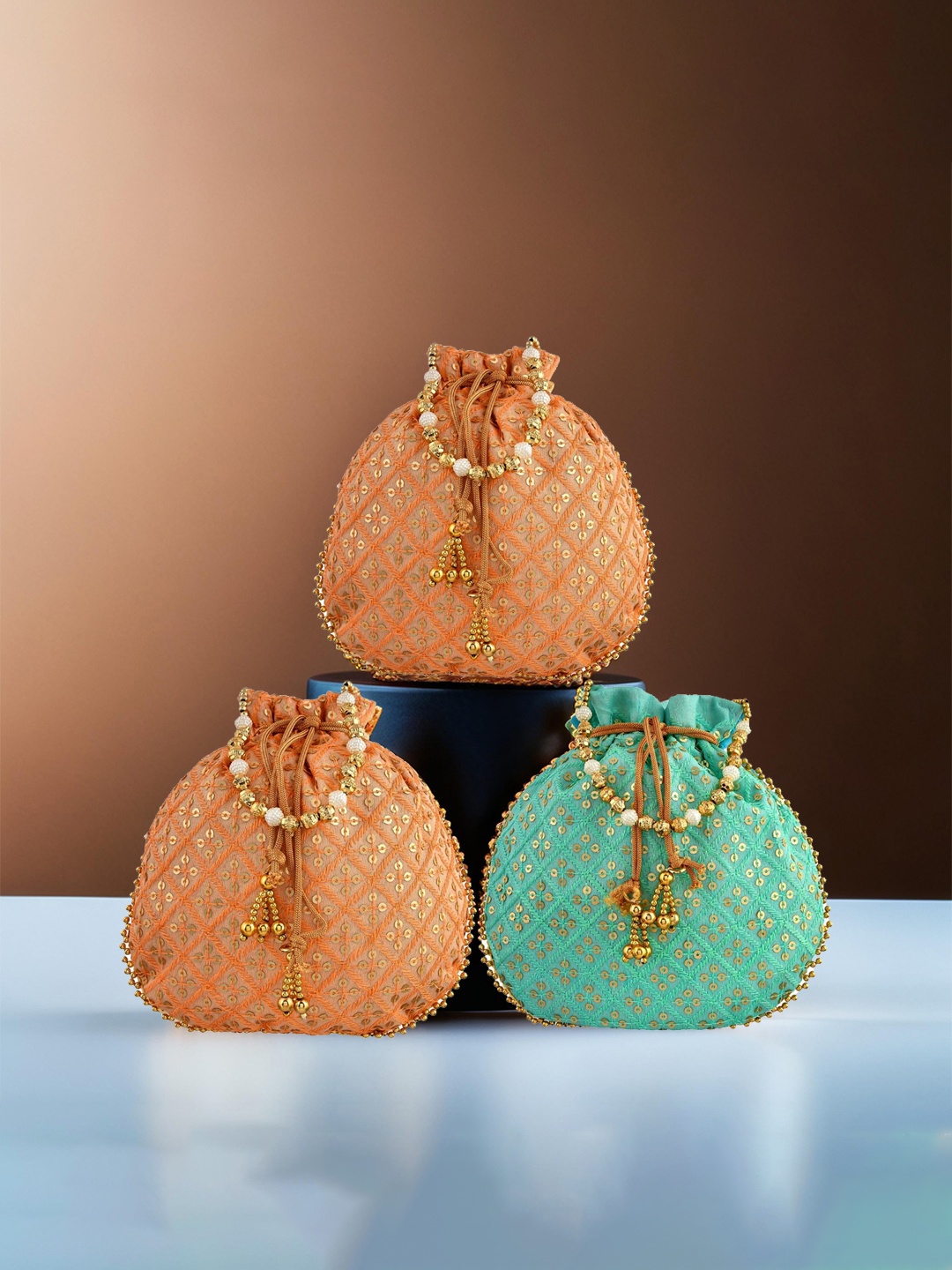 

Kuber Industries Pack of 3 Embellished Embroidered Potli Clutch, Orange