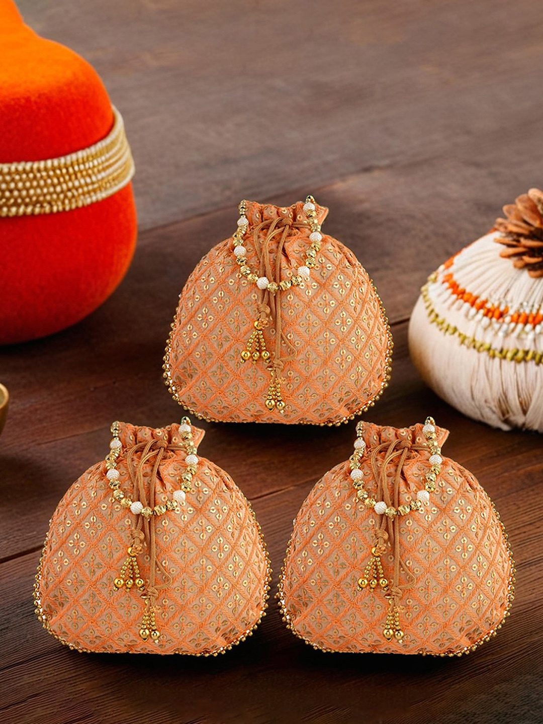 

Kuber Industries Pack Of 3 Embellished Potli Clutch, Peach