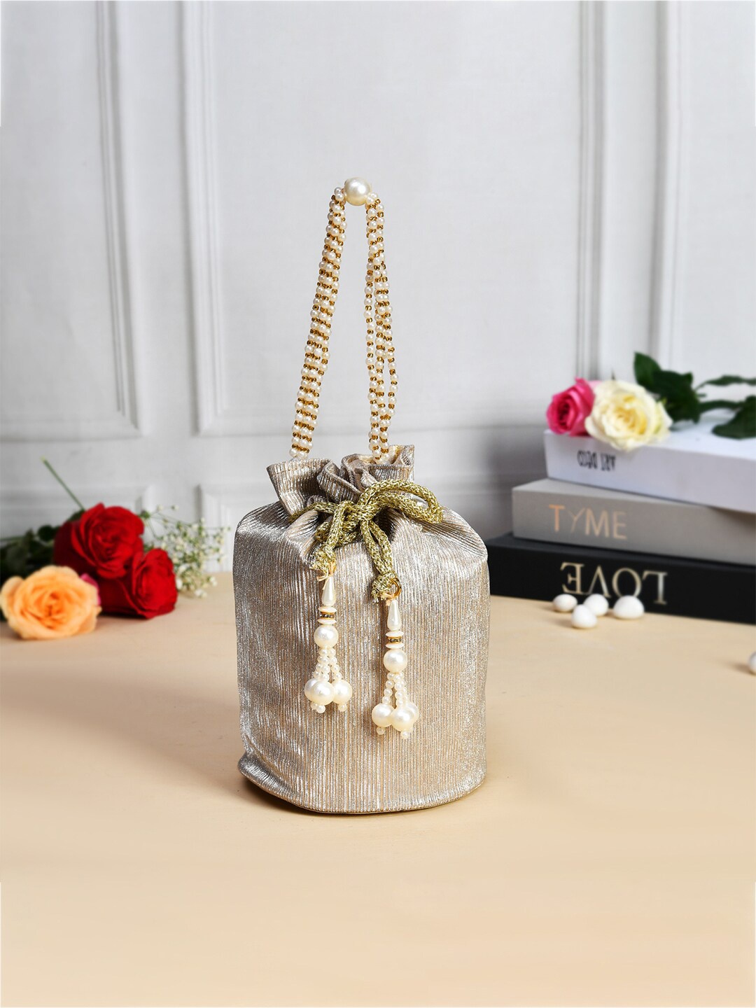 

Kuber Industries Embellished Shining Potli Clutch, Gold
