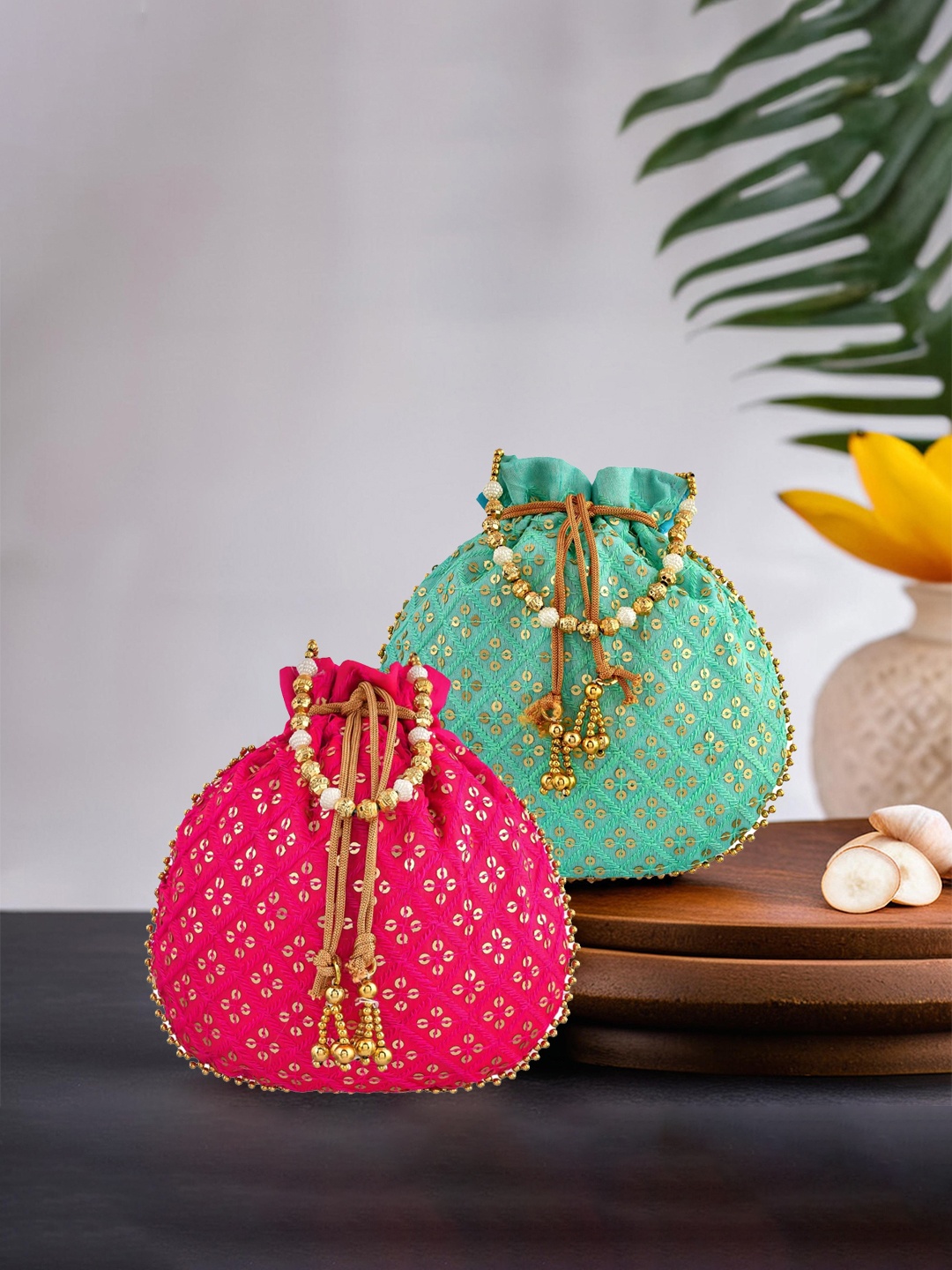 

Kuber Industries Pack Of 2 Embroidered Sequined Potli Clutches, Pink