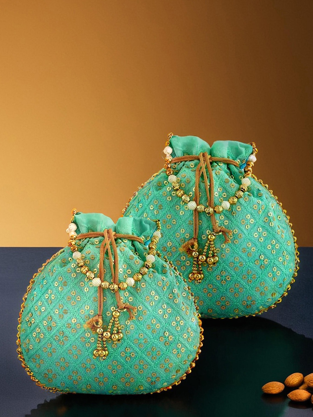 

Kuber Industries Set Of 2 Embellished Embroidered Silk Potli Clutches, Green