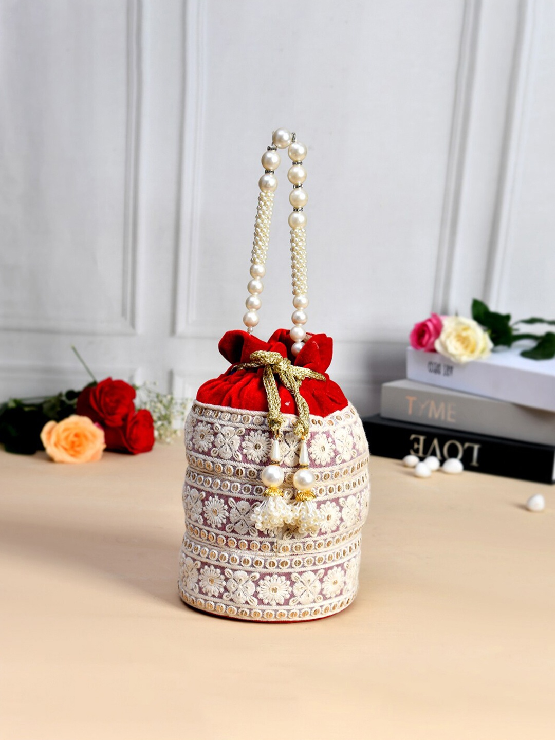 

Kuber Industries Set Of 2 Embellished Embroidered Velvet Potli Clutches, Red
