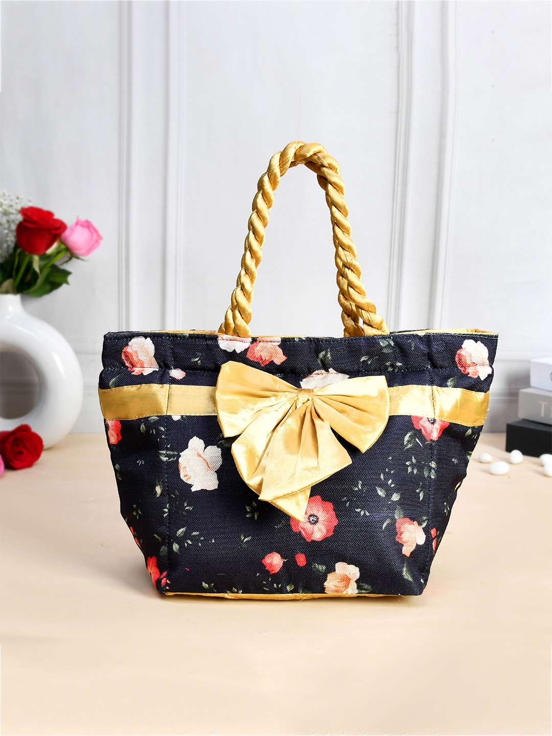 

Kuber Industries Set Of 2 Floral Printed Handheld Bags, Navy blue