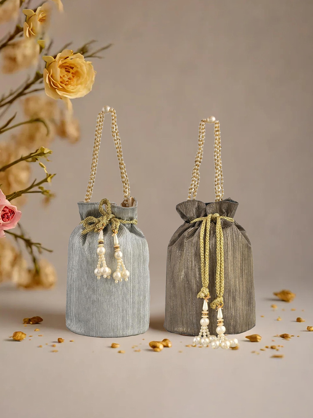 

Kuber Industries Set Of 2 Silk Potli Bag, Grey