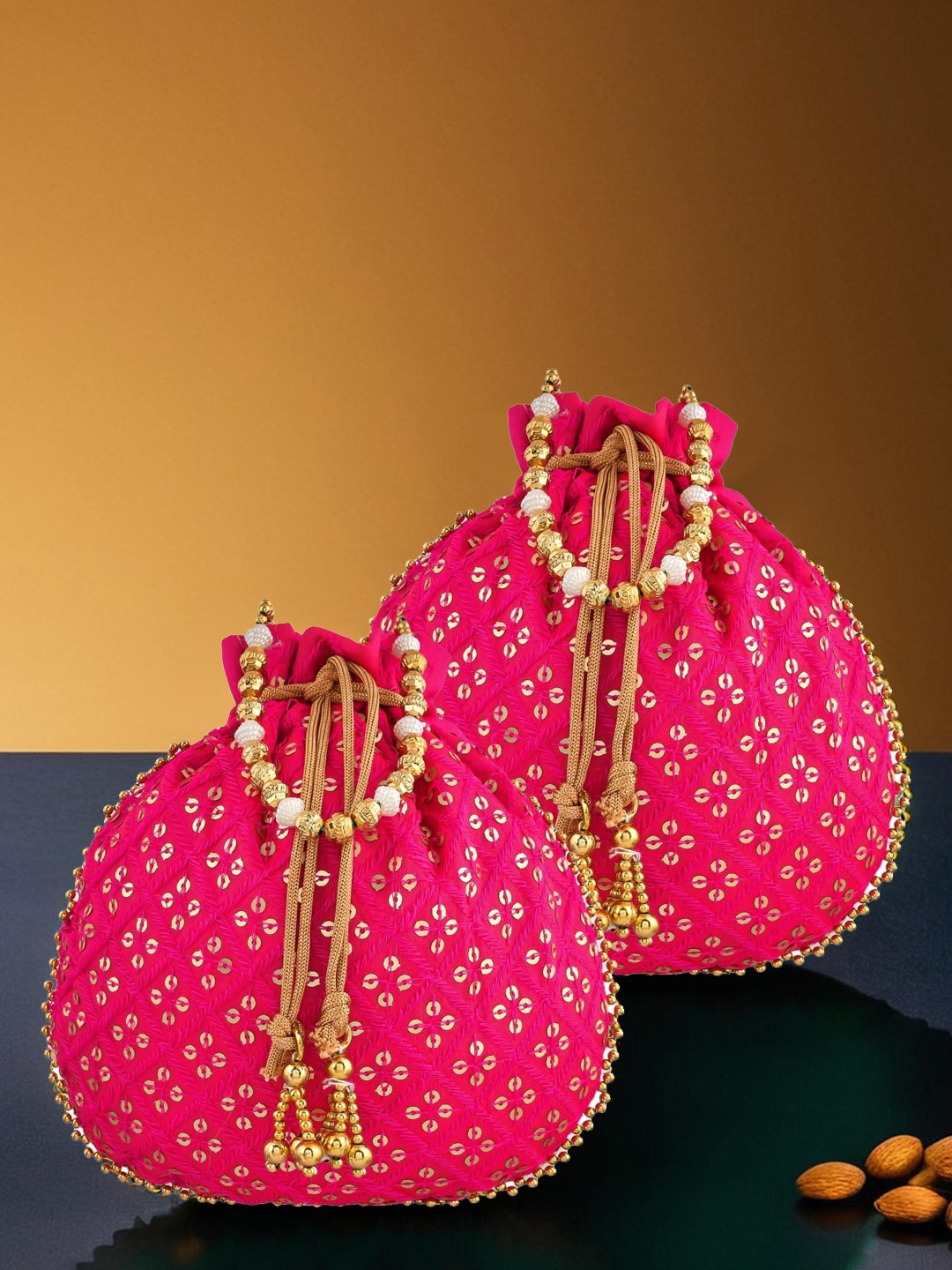 

Kuber Industries Set of 2 Embellished Embroidered Silk Potli, Pink