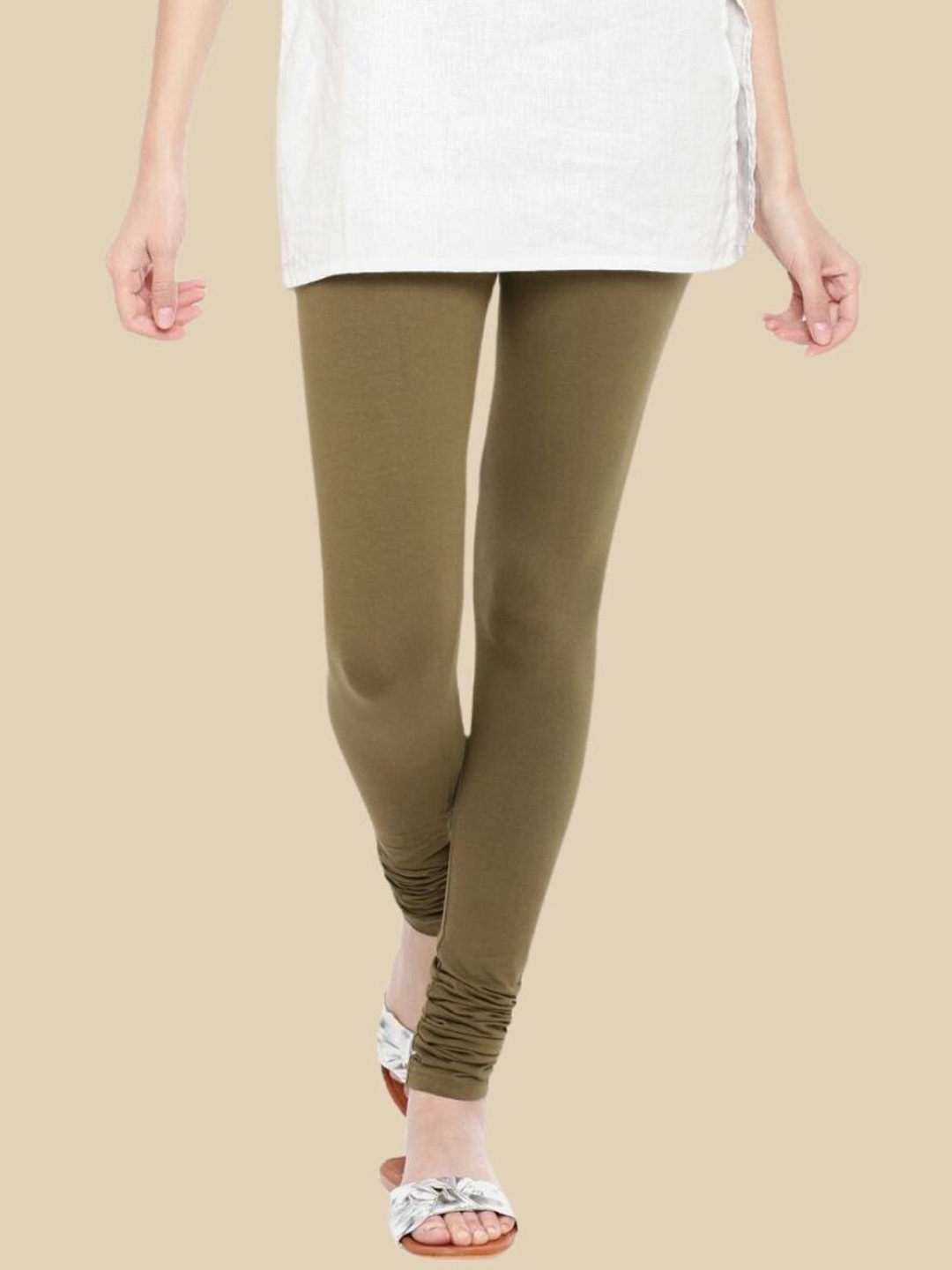 

De Moza Women Cotton Churidar-Length Leggings, Olive