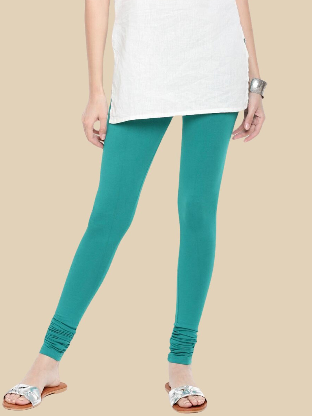 

De Moza Cotton Churidar-Length Leggings, Sea green