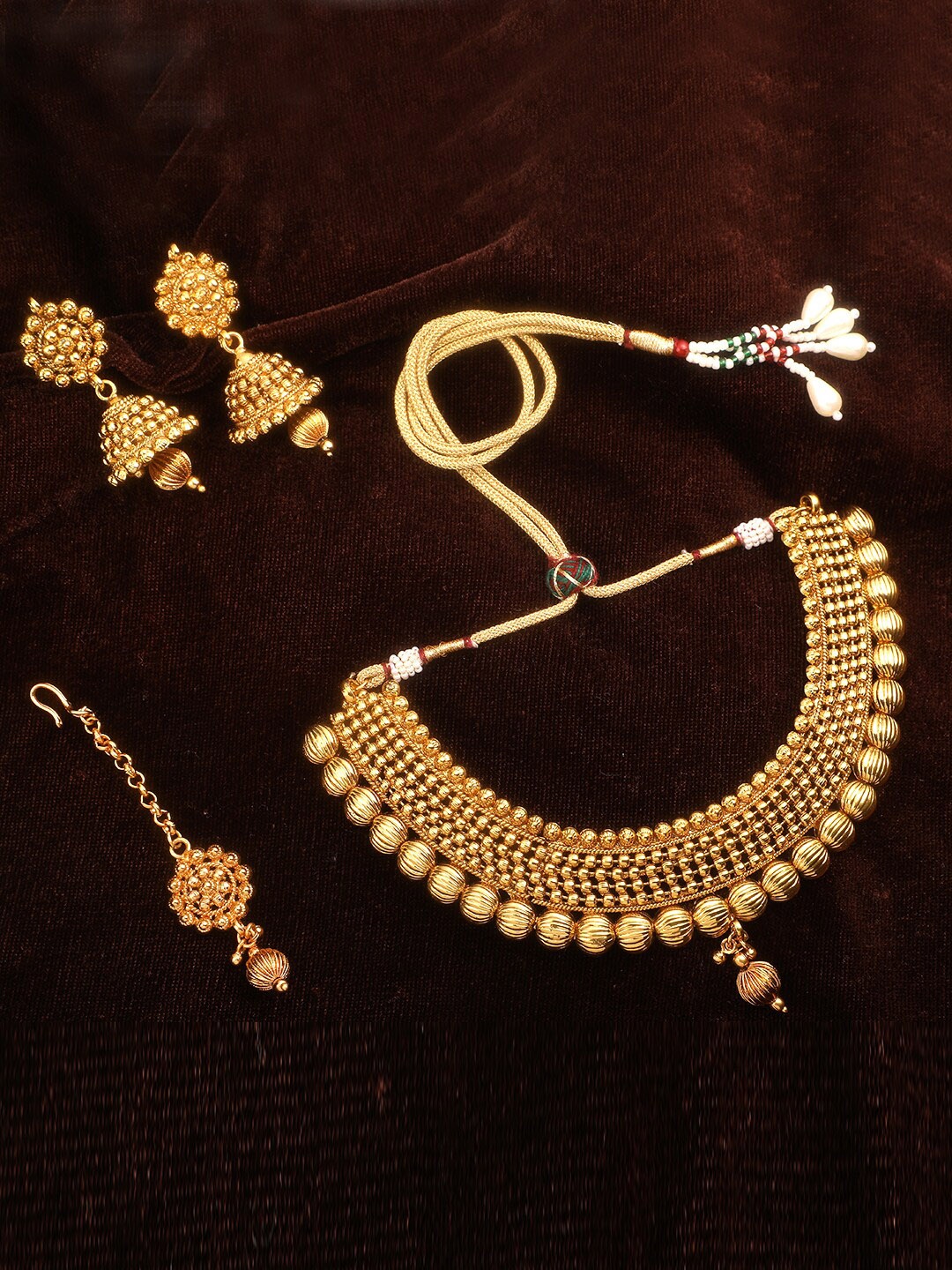 

Adwitiya Collection Gold-Plated Beads-Beaded Necklace & Earrings With Maang Tika