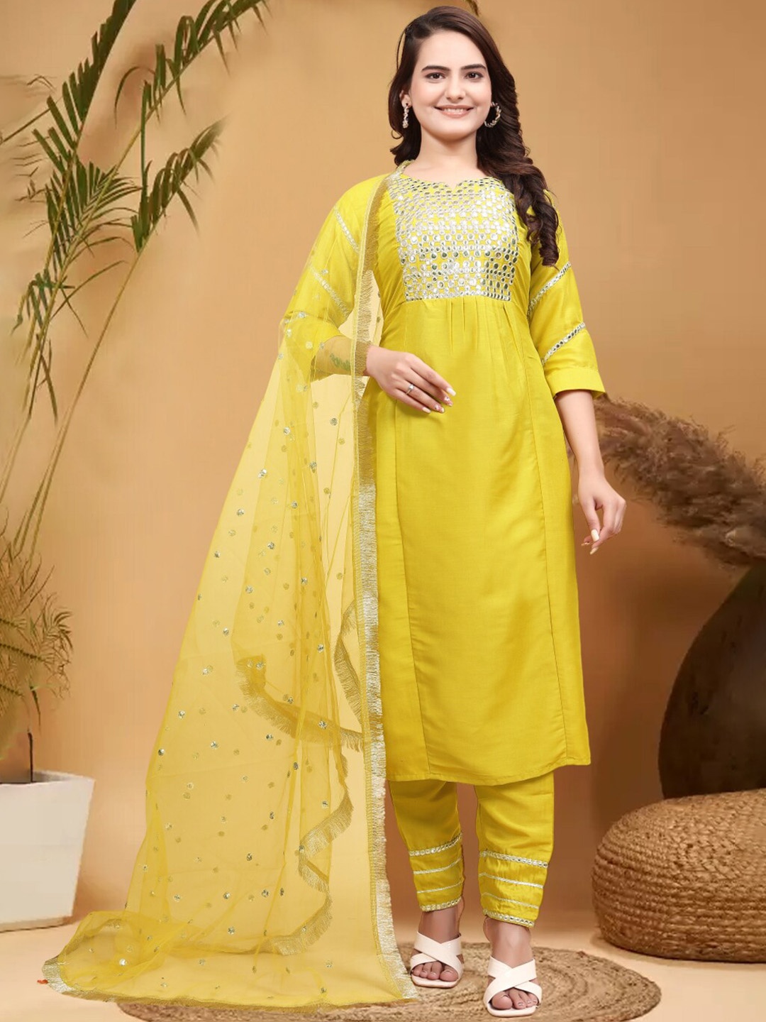 

Anouk Yoke Design Regular Mirror Work Kurta With Trousers & Dupatta, Yellow