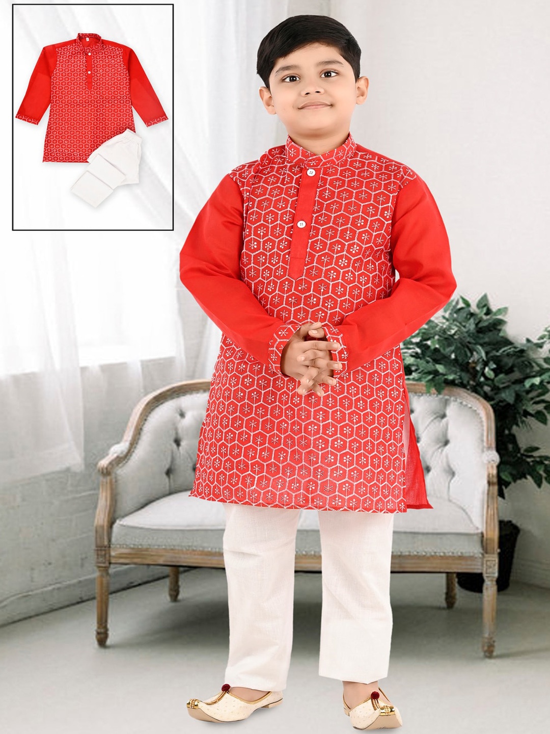 

BAESD Boys Floral Embroidered Art Silk Thread Work Straight Kurta with Trousers, Red