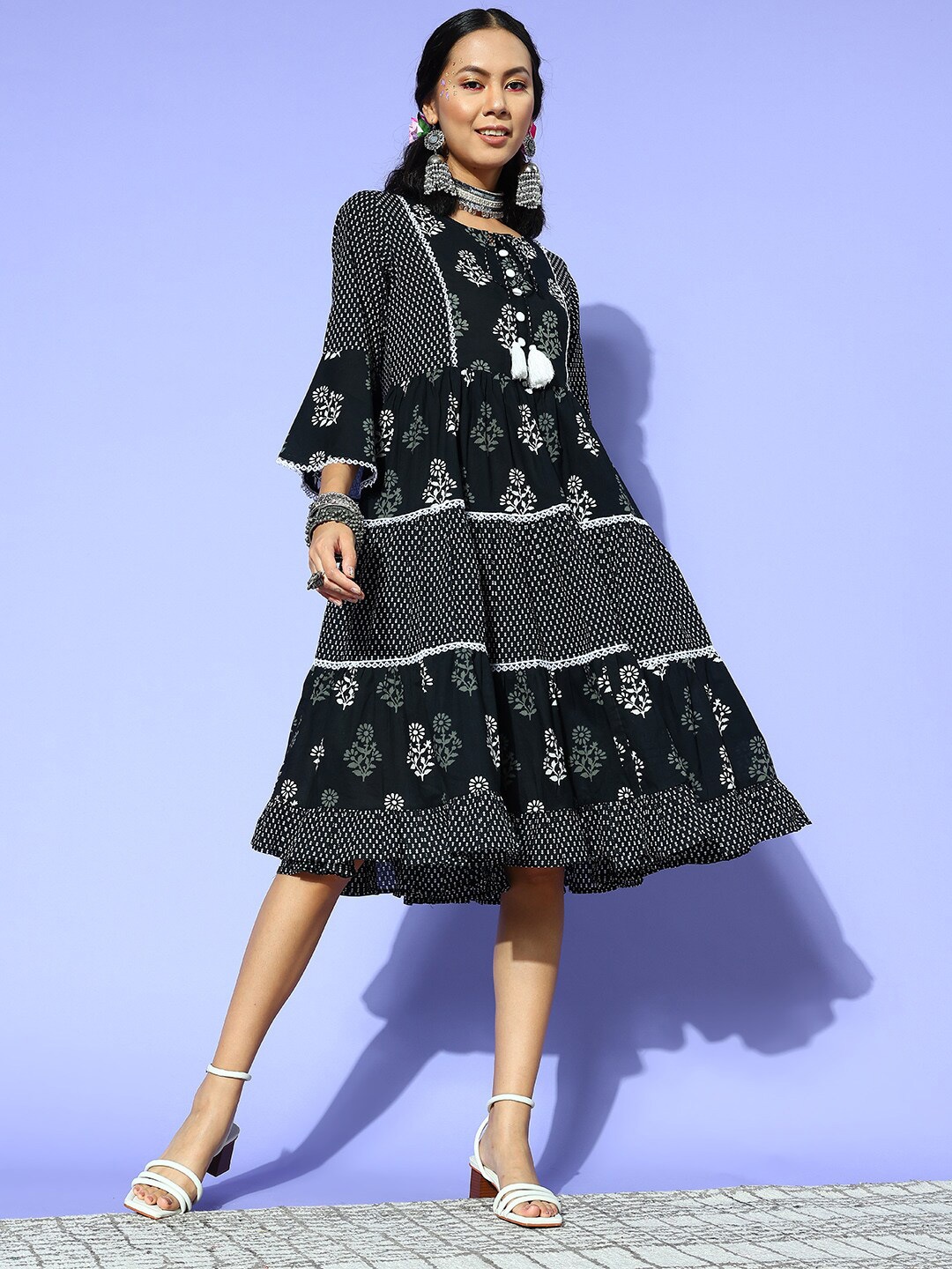 

KALINI Ethnic Motifs Print Pure Cotton Tie-Up Neck Bell Sleeve Fit & Flare Dress, Black