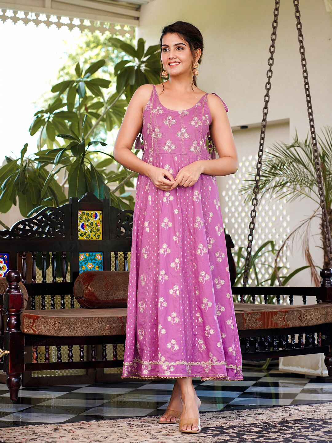 

KALINI Ethnic Motifs Print Pure Cotton Maxi Dress, Purple