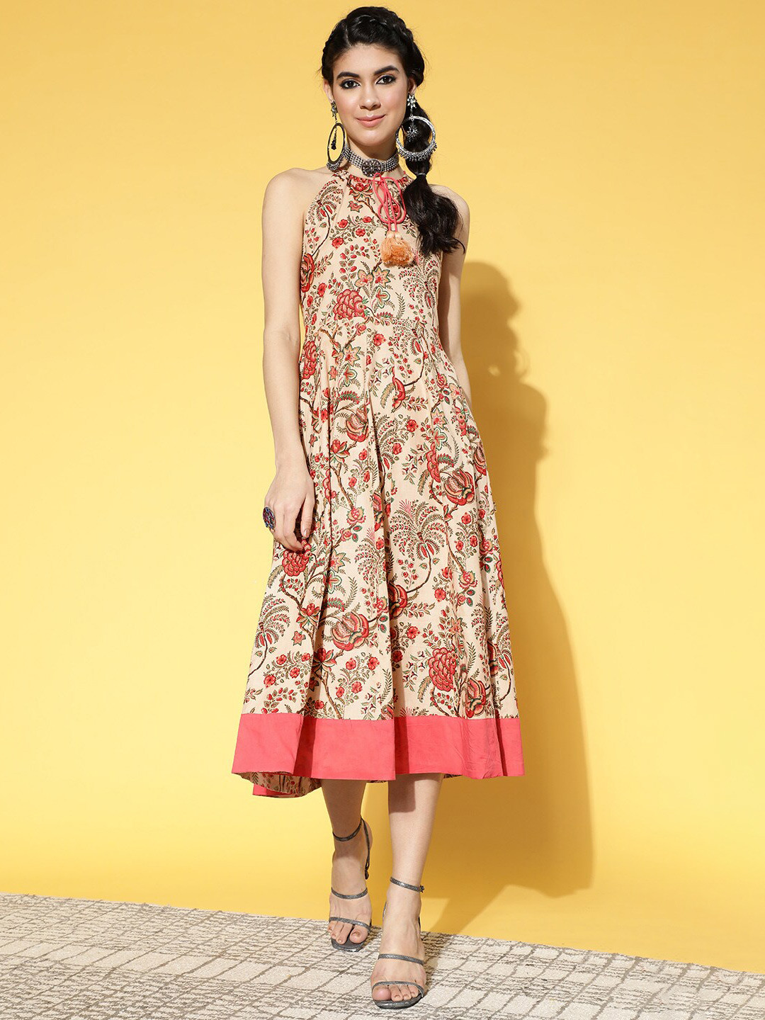 

KALINI Floral Print Pure Cotton Halter Neck Fit & Flare Midi Dress, Beige