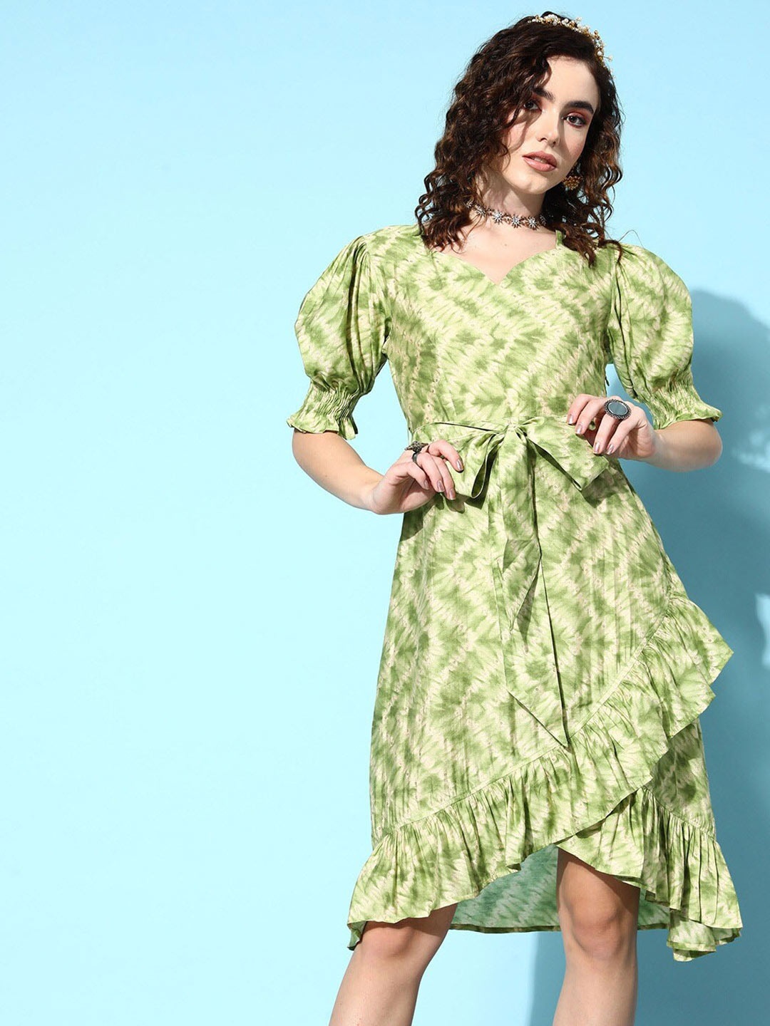 

KALINI Tie & Dye Dyed Puff Sleeves Tie Up Fit & Flare Dress, Green