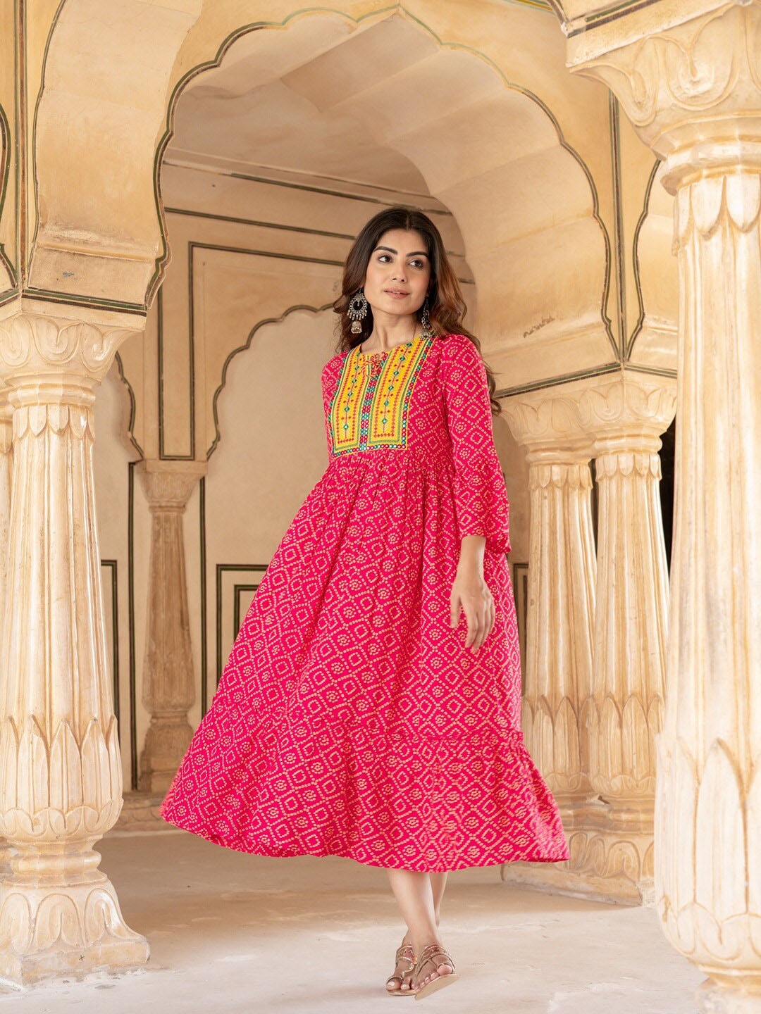 

KALINI Ethnic Motifs Printed Tie-Up Neck Bell Sleeve A-Line Midi Dress, Pink