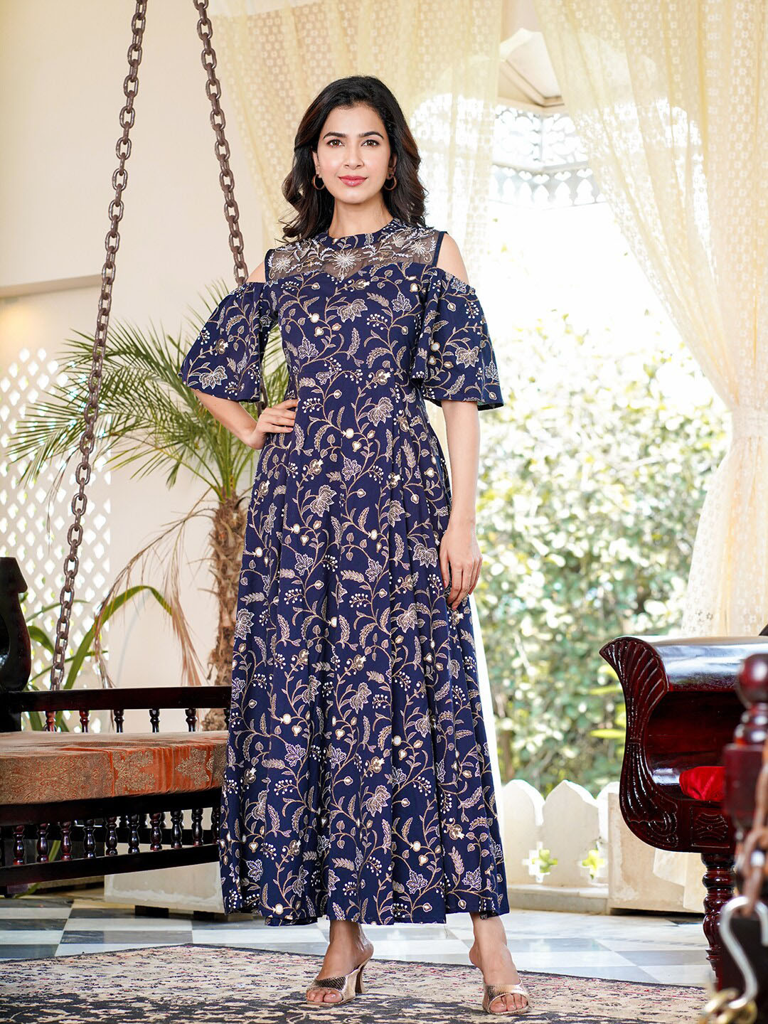 

KALINI Ethnic Motifs Print Pure Cotton Cold-Shoulder Maxi Dress, Navy blue