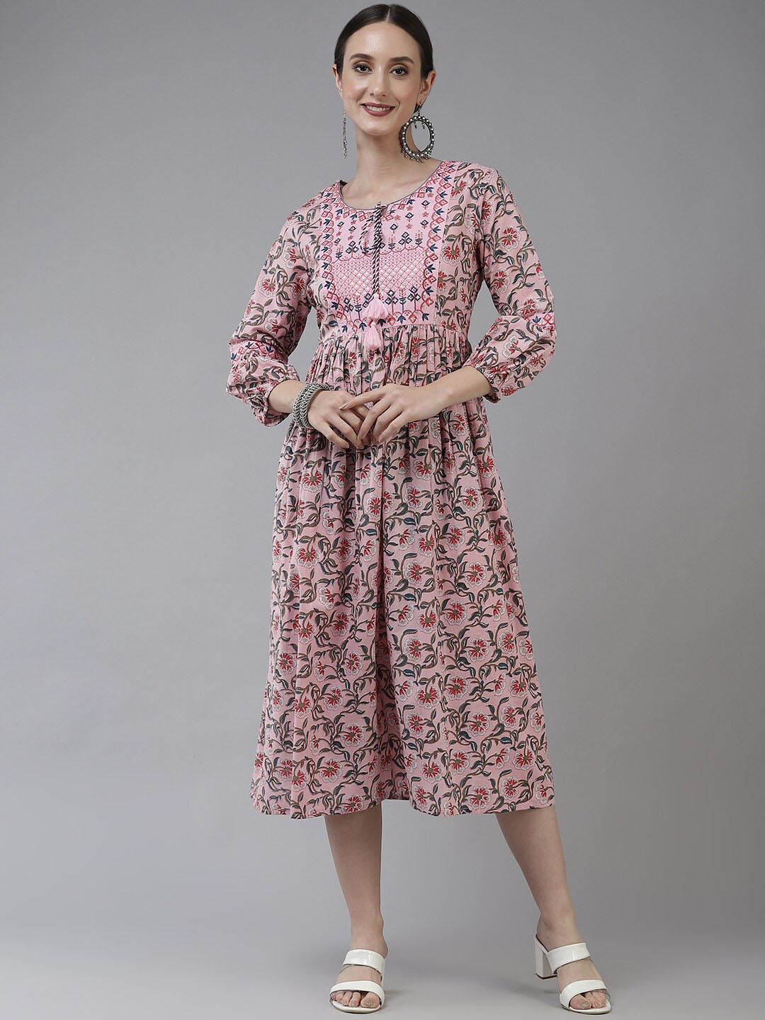 

KALINI Floral Print Pure Cotton Fit & Flare Midi Dress, Pink