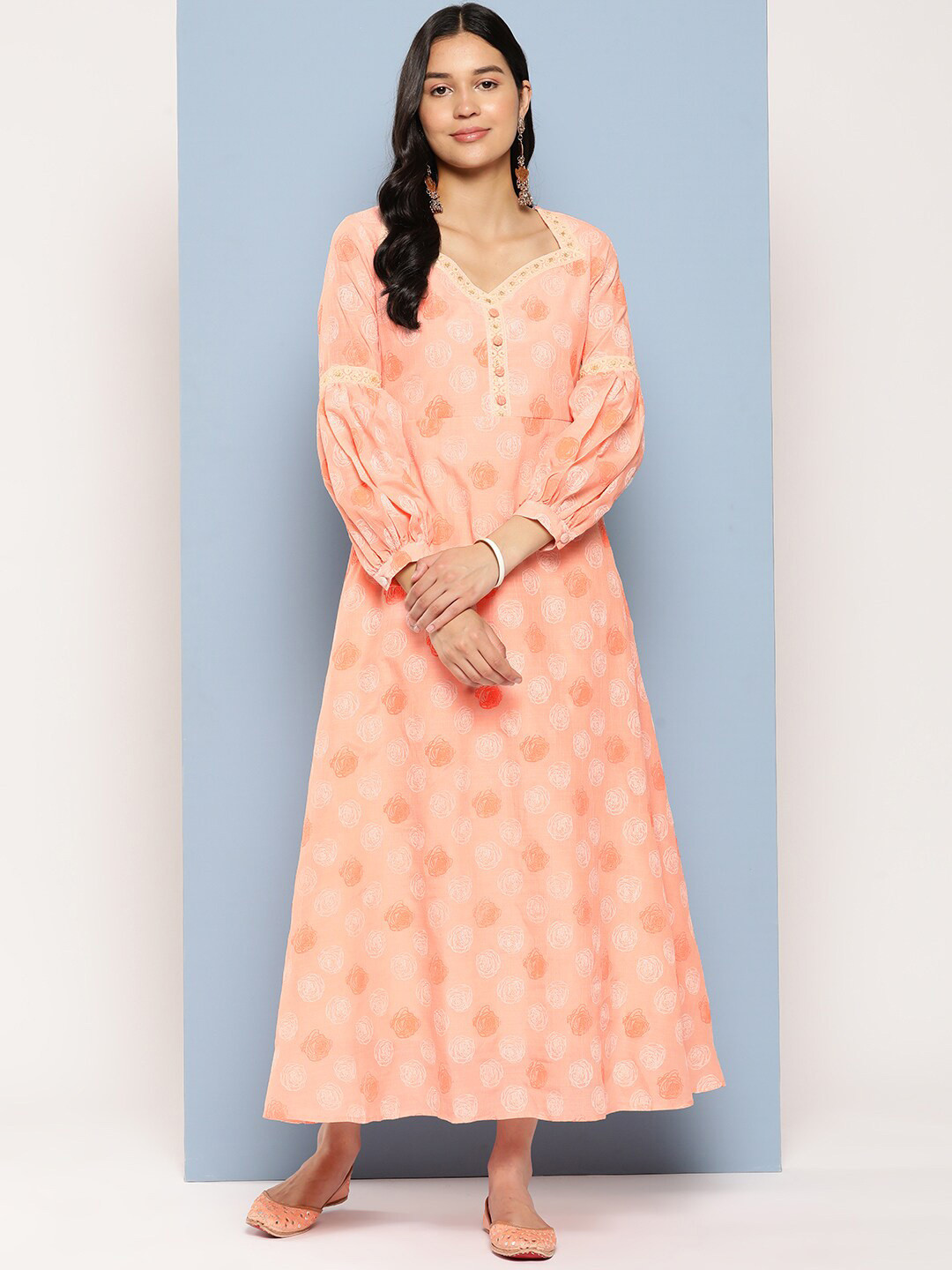 

KALINI Print Puff Sleeve Maxi Dress, Peach