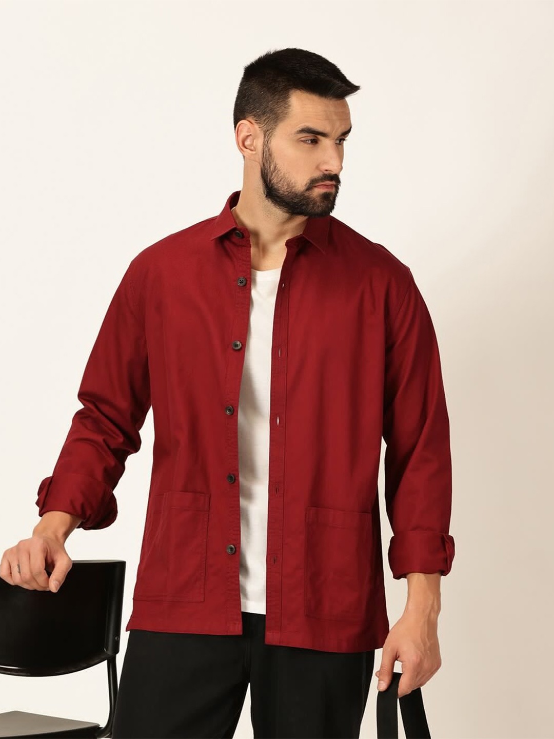 

Mast & Harbour Premium Spread Collar Pure Cotton Casual Oversized Shacket, Maroon