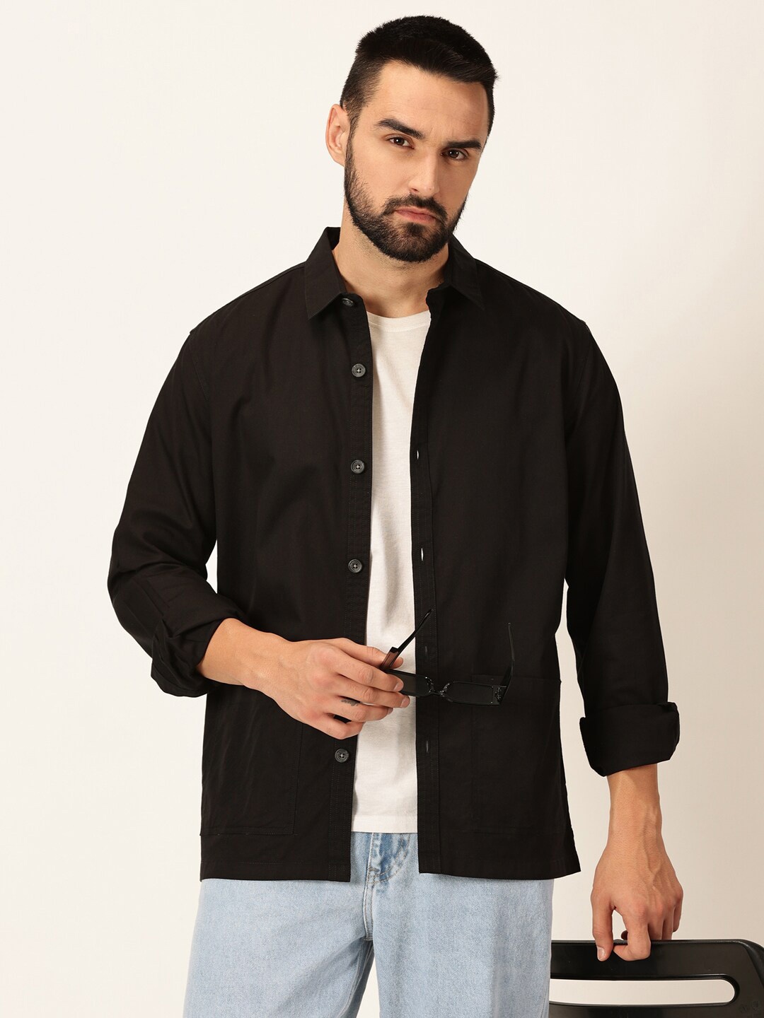 

Mast & Harbour Premium Spread Collar Pure Cotton Casual Relaxed Shacket, Black