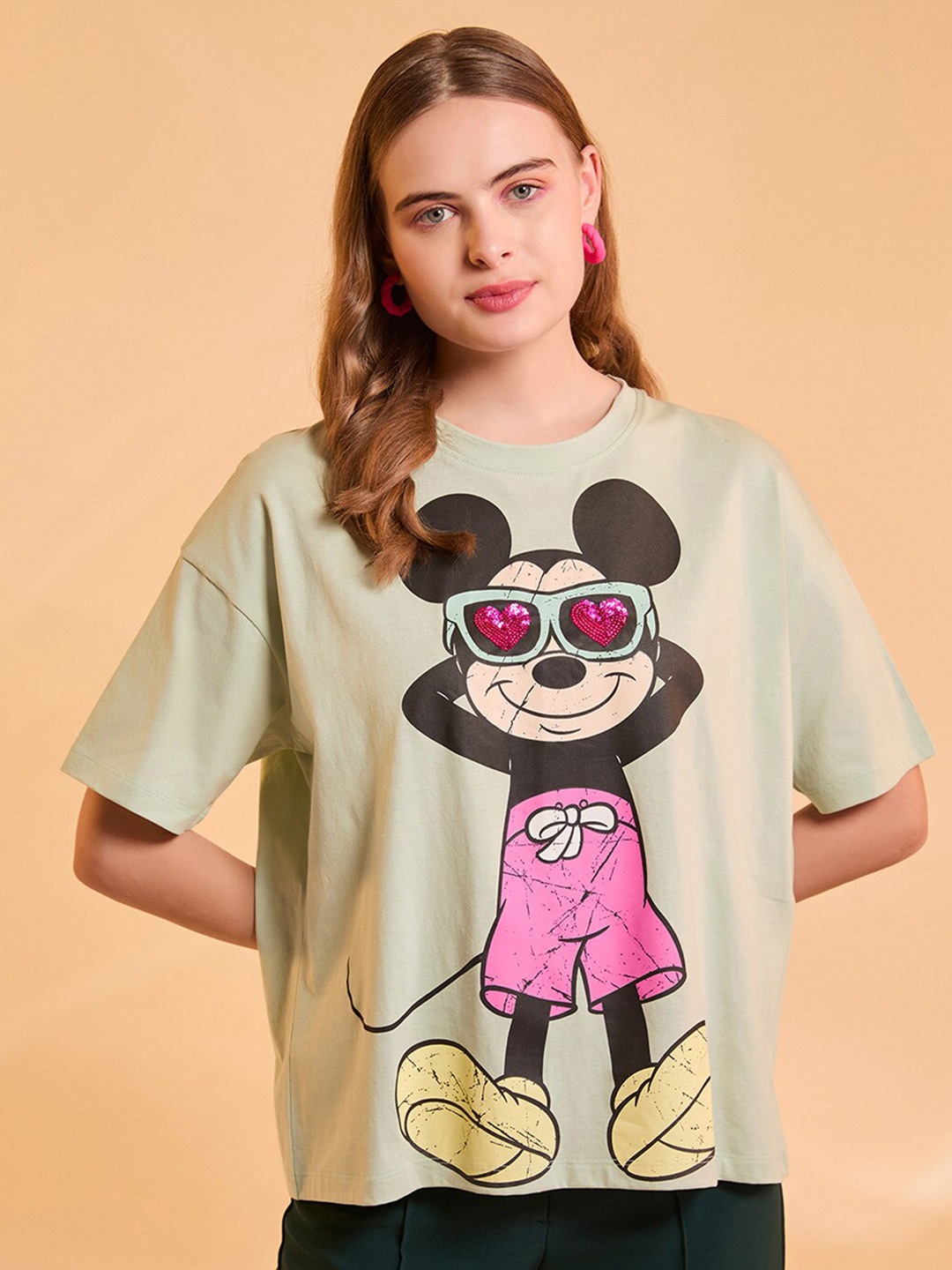 

Kazo Graphic Printed Drop-Shoulder Sleeves Disney T-shirt, Green