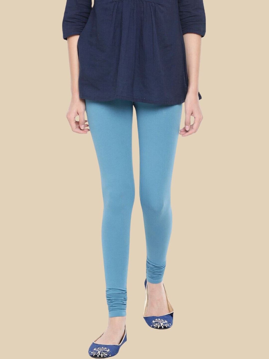 

De Moza Women Cotton Churidar Length Leggings, Turquoise blue