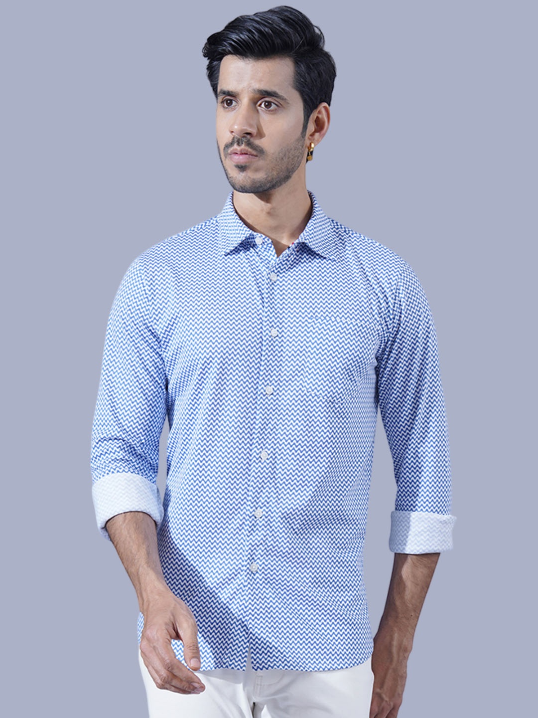 

ONE SKY Geometric Printed Knitted Weave Pure Cotton Casual Shirt, Navy blue