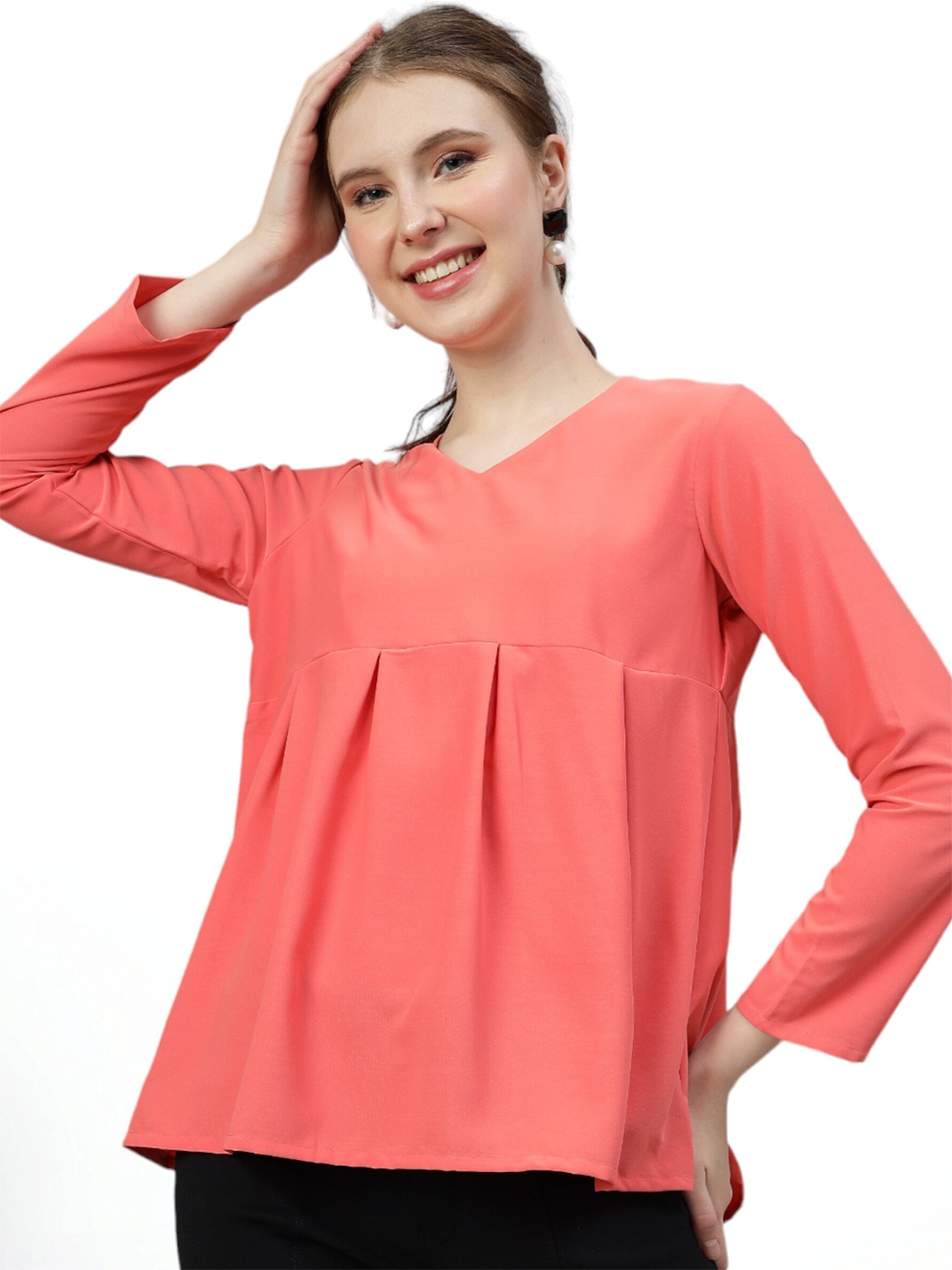 

FITHUB V- Neck Cotton Empire Top, Orange