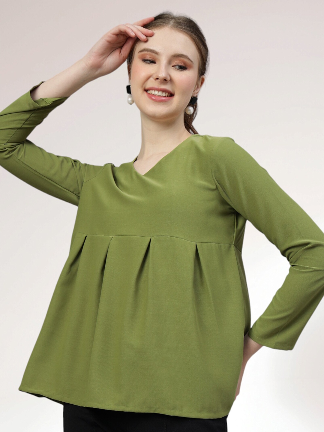 

FITHUB V- Neck Cotton Empire Top, Green