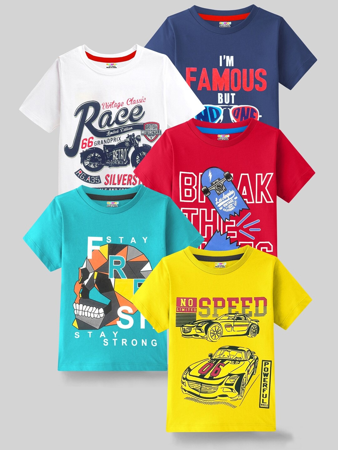 

KUCHIPOO Kids Pack Of 5 Typography Printed T-shirts, White