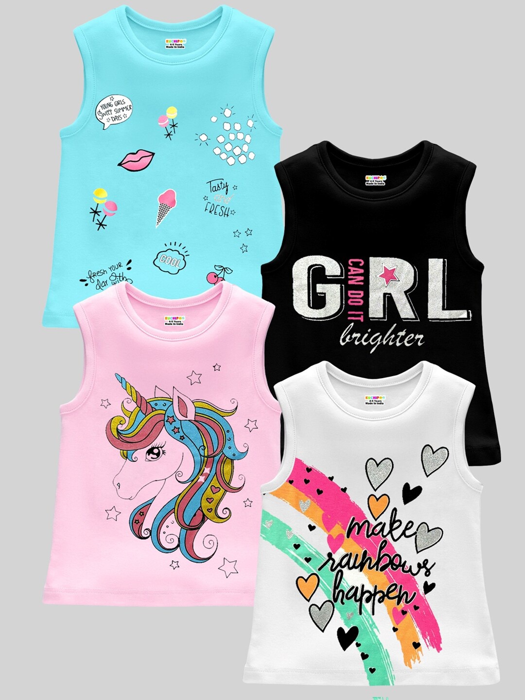 

KUCHIPOO Girls Pack Of 4 Typography Printed Cotton T-shirt, Blue