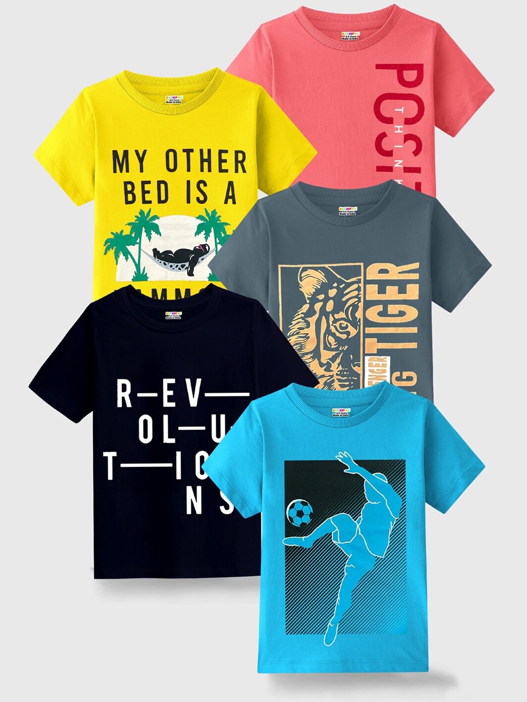 

KUCHIPOO Boys Pack Of 5 Typography Printed T-shirt, Rose gold