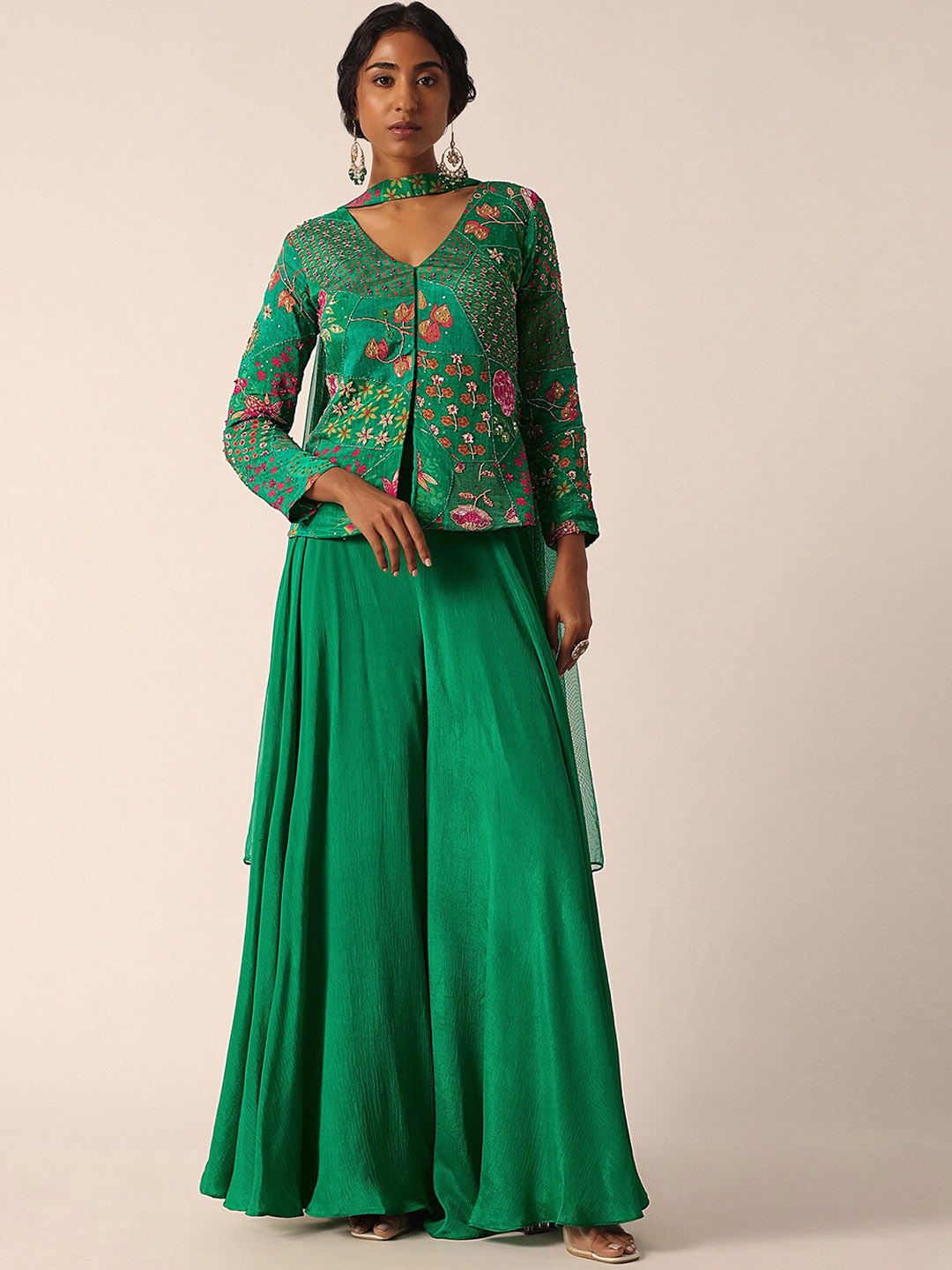 

KALKI Fashion Embroidered Top With Skirt Ethnic Co-Ords, Green