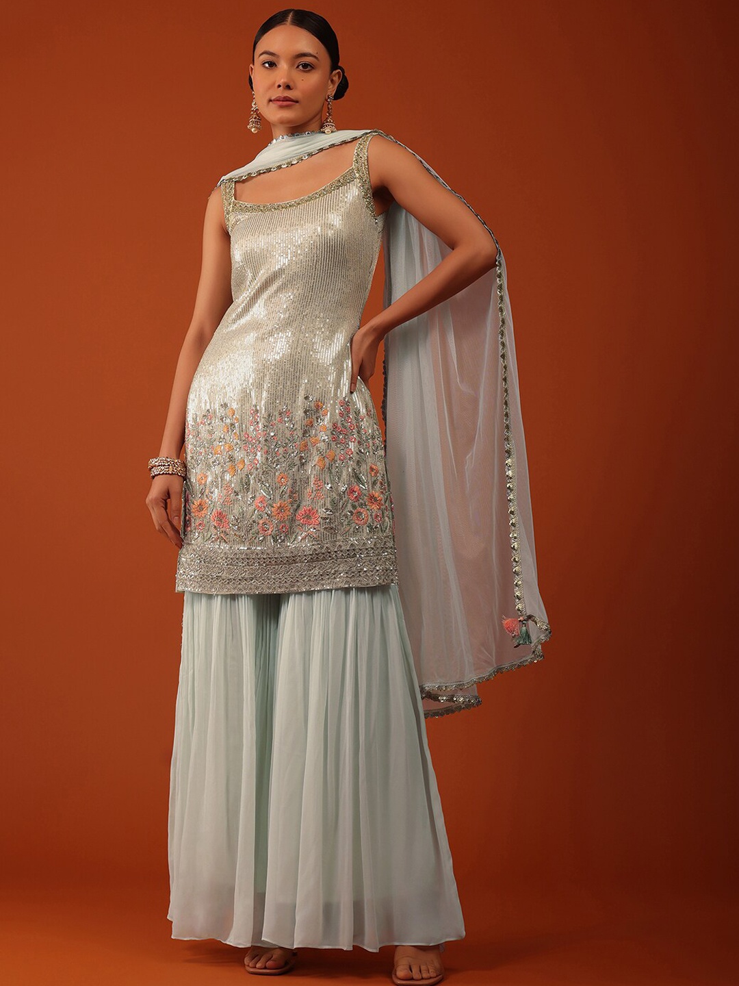 

KALKI Fashion Floral Embroidered Sequinned Kurta With Sharara & Dupatta, Green