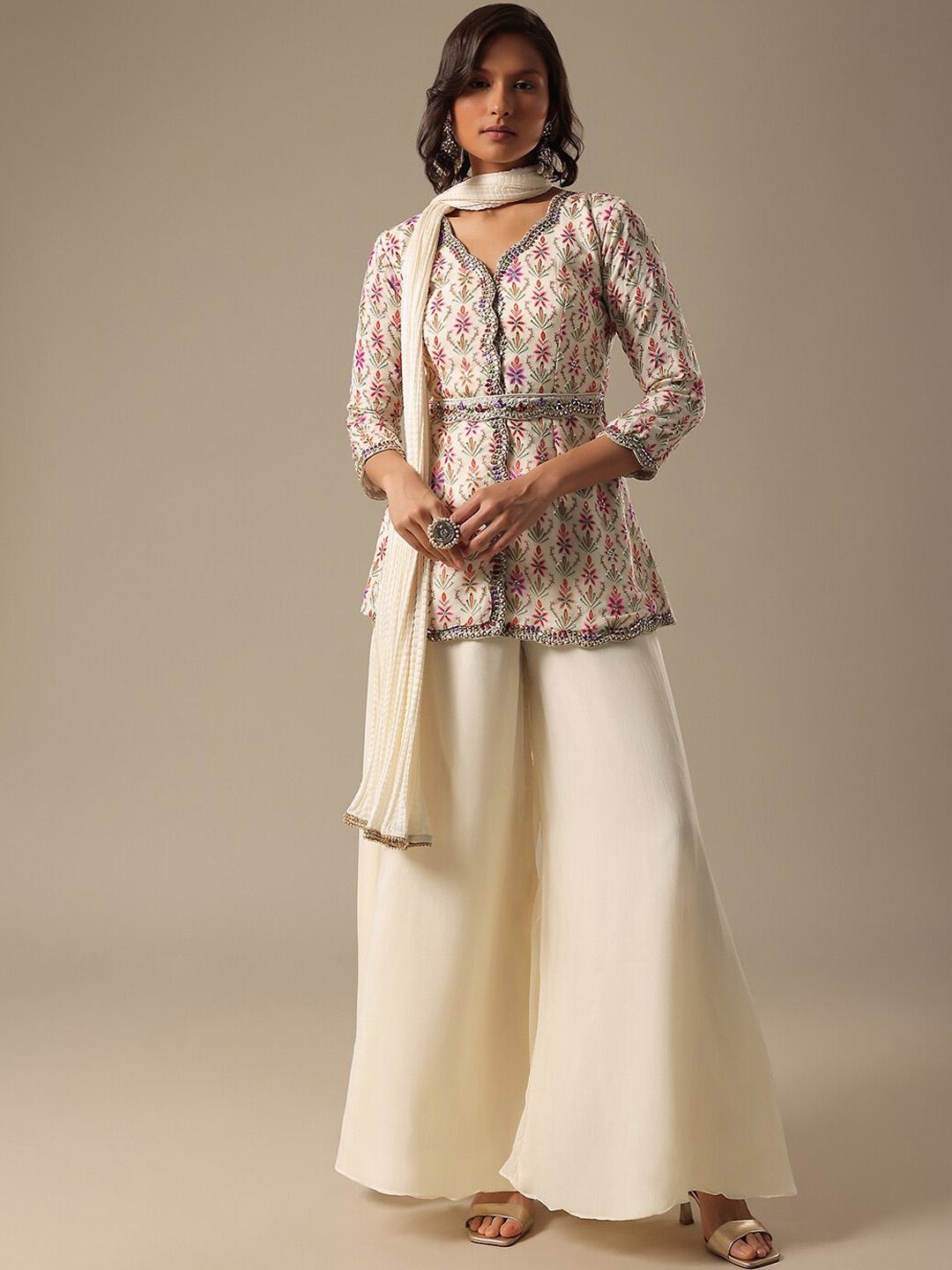 

KALKI Fashion Floral Embroidered Thread Work Top Palazzos & Dupatta, White