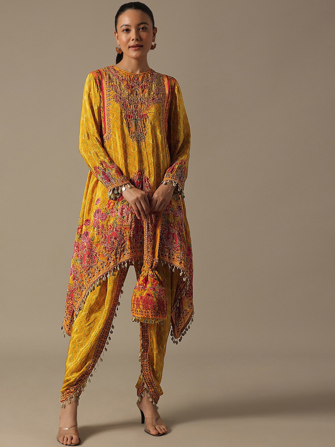

KALKI Fashion Floral Printed Thread Work Kurta With Dhoti Pants, Yellow