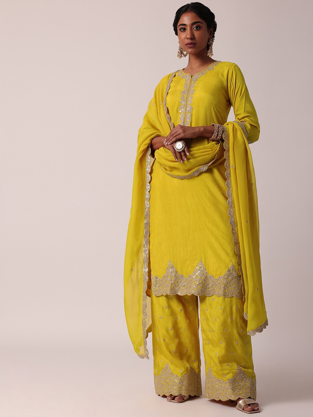 

KALKI Fashion Ethnic Motifs Embroidered Thread Work Kurta with Palazzos & Dupatta, Yellow